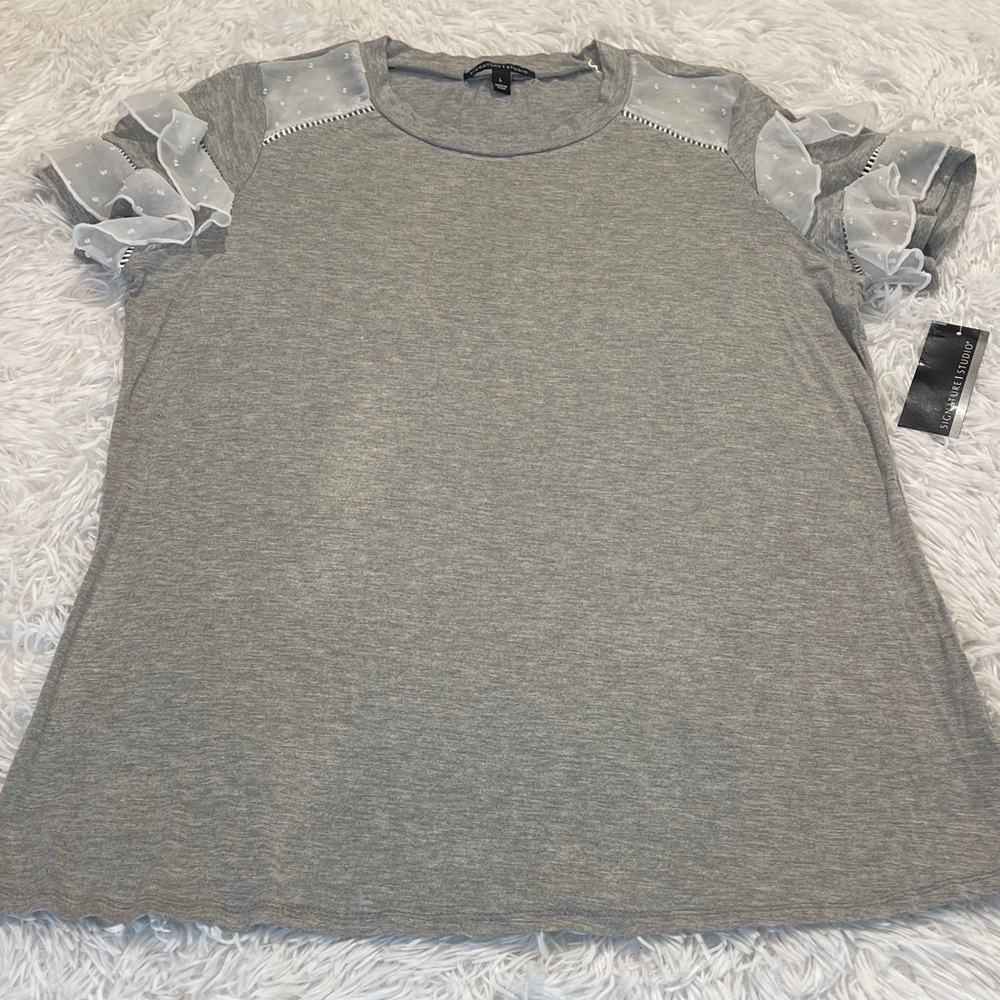 Signature Studio Gray Tee with Sheer Ruffle Sleeves WOMENS SIZE L NWT